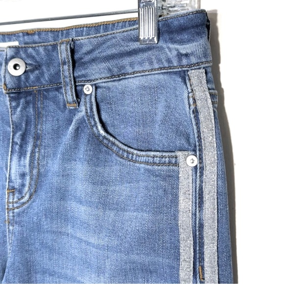 Anthropologie Shimmer Metallic Silver Racer Side Stripe Fringe Hem Cropped Jeans - Picture 3 of 15